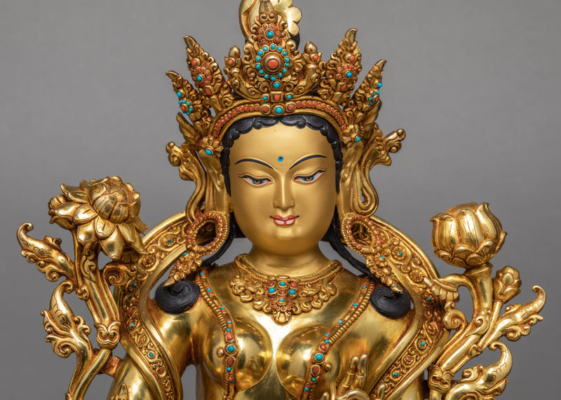 Mother Green Tara | Hand Carved Gold Gilded Statue