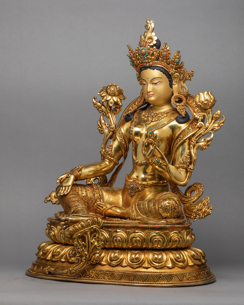 Mother Green Tara | Hand Carved Gold Gilded Statue